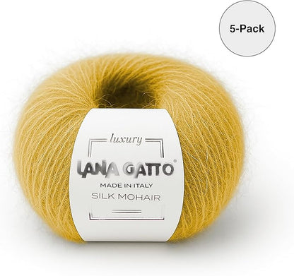 5 Skeins, Silk Mohair Luxury Yarns, Premium and Soft Blend for Knitting and Crocheting, Made in Italy (Yellow - 14531, 5)