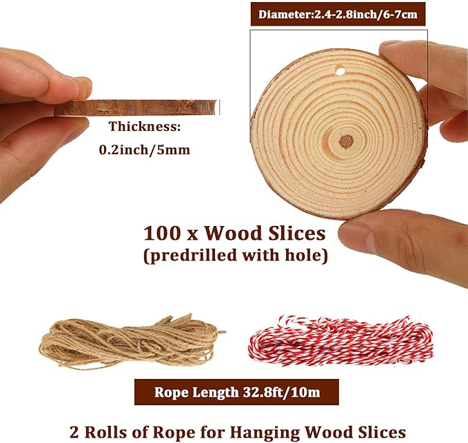 Acrux7 100 PCS Natural Wood Slices for Painting, 2.4-2.8 Inch Unfinished Wood Slices Predrilled with Hole, Round Wooden Slices for DIY Crafts, Arts, Christmas Ornaments, Coaster, Home Decoration