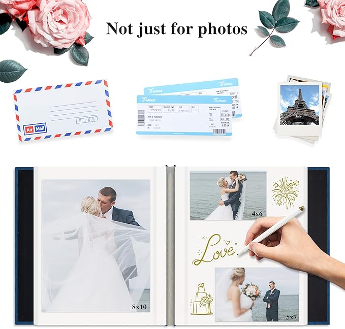 Remowith Self Adhesive Photo Album, Navy Blue Scrapbook Album with DIY 60 Blank Pages, Wedding Photo Album with A Metallic Pen for 4x6 5x7 2x3 Pictures, 10.6"x11"