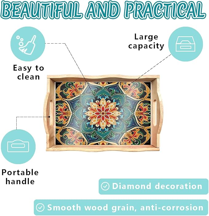 DOTSOPS DIY Diamond Painting Serving Tray with Handle for Adults 5D Diamond Art Kits for Beginners Full Drill Diamond Dots Gem Arts and Crafts Special Shape Living Room 12 x 16 Inches Mandala