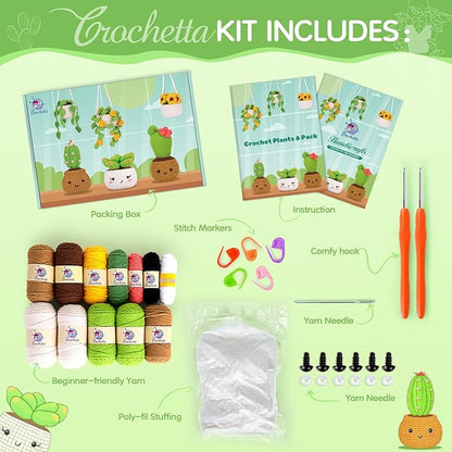 Crochetta Crochet Kit for Beginners, Crochet Starter Kits for Adults, Amigurumi Craft Knitting Crocheting Kits with Step-by-Step Video Tutorials, 6 Pc Hanging Potted Plants Family(40%+ Yarn
