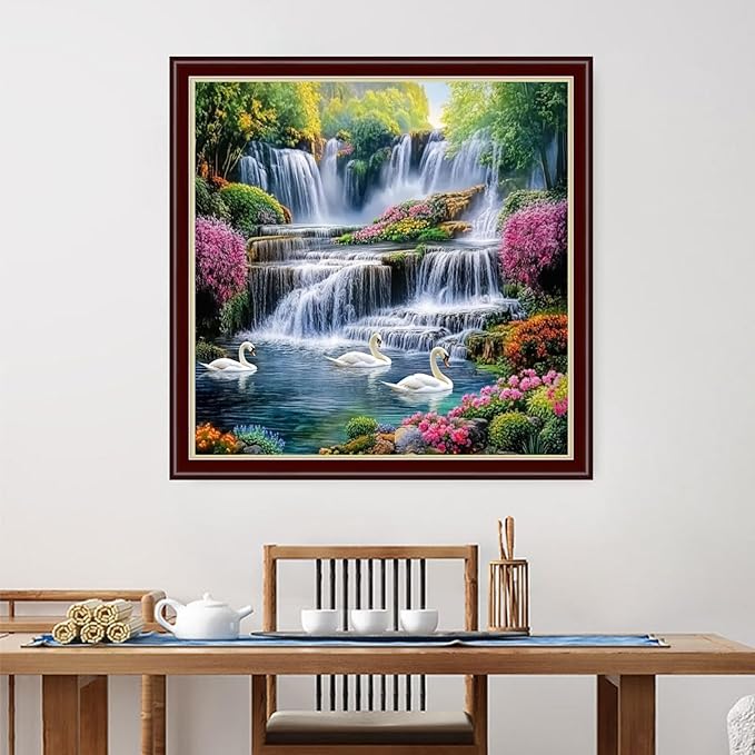 Dimensean Stamped Cross Stitch Kits Full Range of Embroidery Patterns Starter Kits for Beginners Adult DIY Cross Stitches Needlepoint Kits 11CT-Swan Lake Waterfall 18x18 inch
