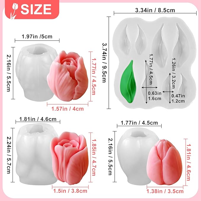 4 PCS Tulip Candle Molds with Leaf Mold, 3D Flower Silicone Molds for Candles Wax Soap Clay Plaster Epoxy Resin Home Decorations
