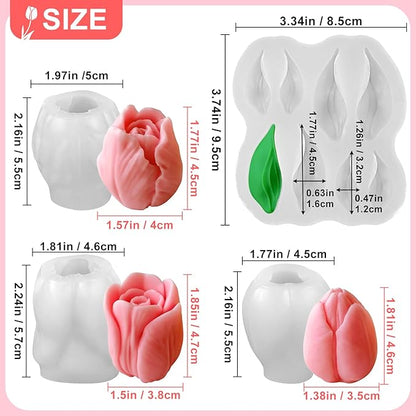 4 PCS Tulip Candle Molds with Leaf Mold, 3D Flower Silicone Molds for Candles Wax Soap Clay Plaster Epoxy Resin Home Decorations