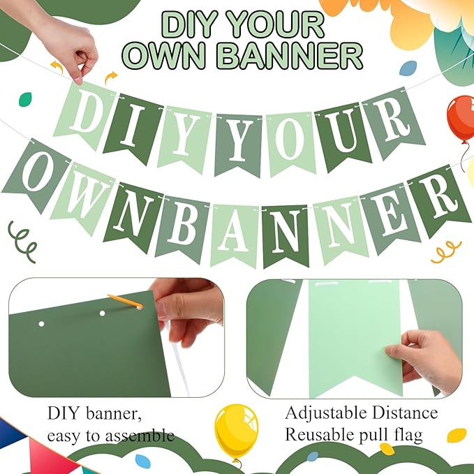 Mooliwe 171 Pcs DIY Custom Banner Kit Make Your Own Customizable Sign for Birthday Wedding Party Decoration Include 20 Paper Pennant 148 Letters and Numbers 1 Rope 2 Threading Device(Green)