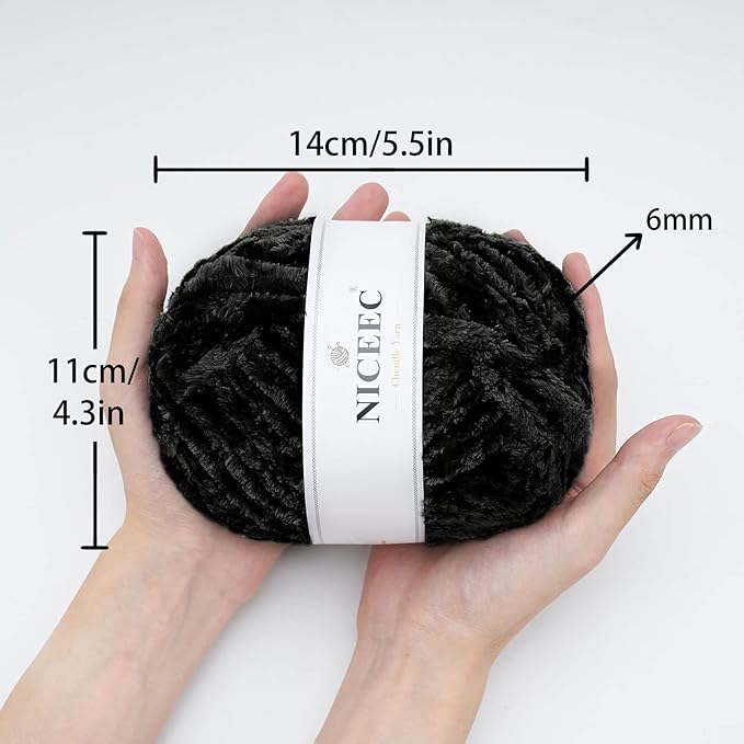 NICEEC 300g Soft Chenille Yarn Blanket Velvet Yarn for Knitting, Crochet, Weaving DIY Craft Total Length 150m (164yds)_Black