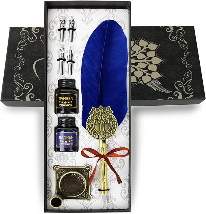 TIANREN Quill pen ink set,Feather Pen and Ink Set,Antique Calligraphy Pen with 4 Replaceable Nibs,2 Bottle of ink,Feather Dip Pen Holder Christmas Gift for Men&Women.(Blue)