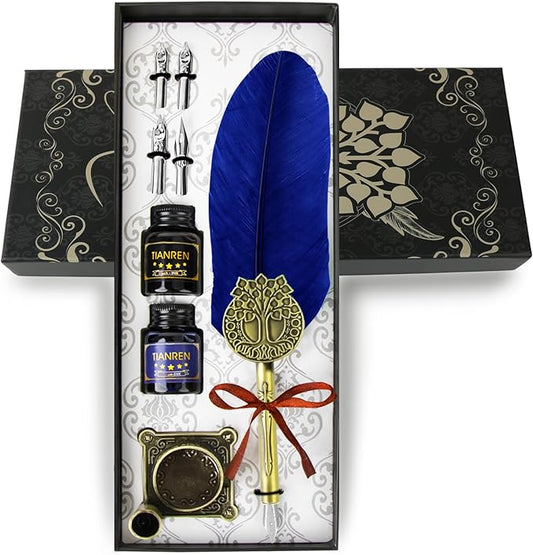 TIANREN Quill pen ink set,Feather Pen and Ink Set,Antique Calligraphy Pen with 4 Replaceable Nibs,2 Bottle of ink,Feather Dip Pen Holder Christmas Gift for Men&Women.(Blue)
