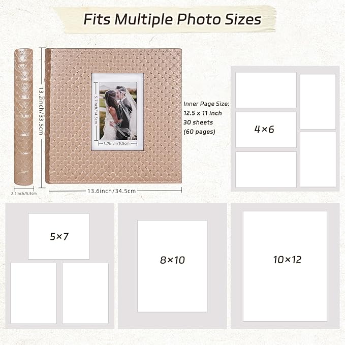 RECUTMS Photo Album 4x6 5x7 8x10 Size Button Grain Leather DIY 60 Pages Scrap Photo Book Baby Picture Album Family Scrapbook Wedding Anniversary Self Adhesive Handmake Scrap Book（Brown）
