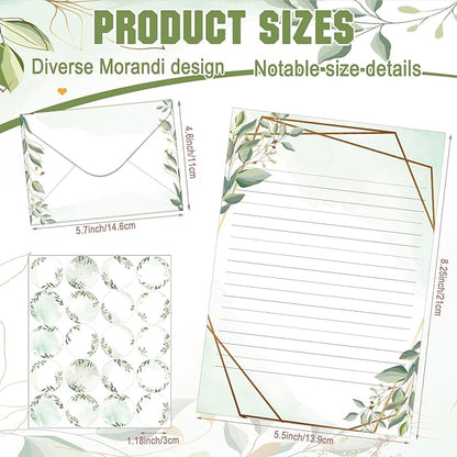 TaoBary 160 Pcs Stationery Paper Set 50 Double Sided Stationery Papers with 50 Matching Envelopes and 60 Round Dot Sticker, 10 Design(Eucalyptus,5.5 x 8.25 Inch)