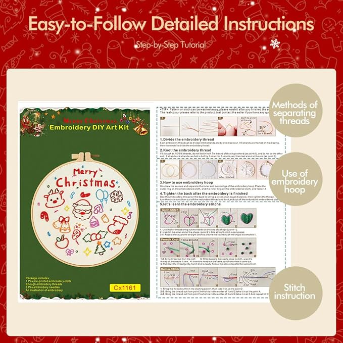 Christmas Embroidery Kits: 3 Pack Cross Stitch Kit for Beginners Adults, DIY Ornaments Craft Kit with All Tools & Instructions, Stamped Hand Embroidery Starter Kit for Holiday Crafts & Xmas Home Decor