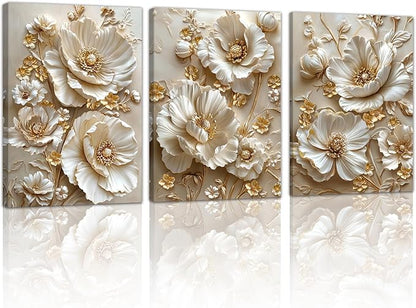 3 Pcs Modern Beige Gold Peony Floral Canvas Wall Art, Neutral Elegant 3d Beige Flowers Wall Painting White Blooming Floral Pictures Posters Art Print Home Decor for Bedroom Living Room Office 12"x16"x3