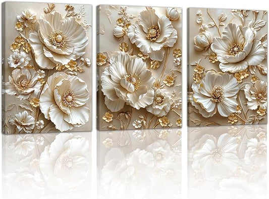 3 Pcs Modern Beige Gold Peony Floral Canvas Wall Art, Neutral Elegant 3d Beige Flowers Wall Painting White Blooming Floral Pictures Posters Art Print Home Decor for Bedroom Living Room Office 16x24x3