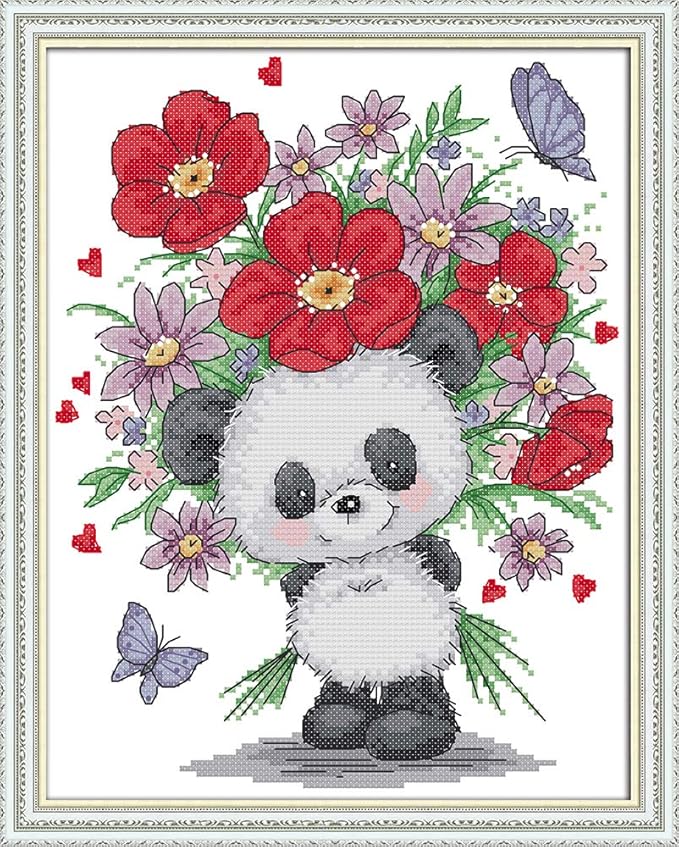 Funcrostitch Counted Cross Stitch Kits for Beginners,14ct Unprinted Pattern Embroidery Kit Dmc Cotton Threads Needleworks for Adults-Bear Giving Flowers 10.2"×12.6"