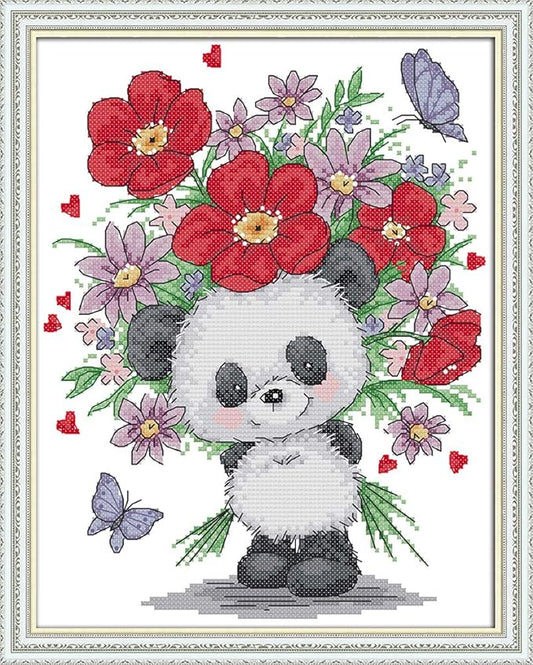 Funcrostitch Counted Cross Stitch Kits for Beginners,14ct Unprinted Pattern Embroidery Kit Dmc Cotton Threads Needleworks for Adults-Bear Giving Flowers 10.2"×12.6"