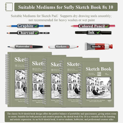 SuFly Spiral Bound Sketchbook 8x10, 100 Sheets Hardcover Sketch Books, 68lb/100gsm Sketch Paper, Sketch Pads for Drawing for Adults, Sketchbook for Art Class & School.