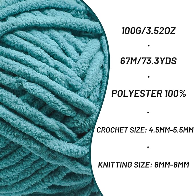 Chunky Chenille Yarn for Crocheting，Baby Yarn for Crocheting Soft Blankets，Bulky Yarns for Crochet Amigurumi，100g (74.3yds) Fluffy Velvet Yarns for Hand Knitting (Deep Cyan)