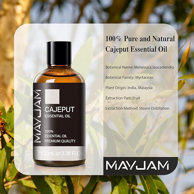 MAYJAM Cajeput Essential Oil, 3.38FL.OZ Pure Essential Oils with Glass Dropper, Large Volume Cajeput Oil, Perfect for Massage, DIY Candle and Soap Making (100ML)