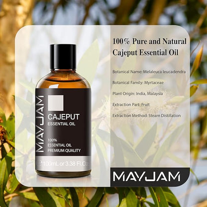 MAYJAM Cajeput Essential Oil, 3.38FL.OZ Pure Essential Oils with Glass Dropper, Large Volume Cajeput Oil, Perfect for Massage, DIY Candle and Soap Making (100ML)