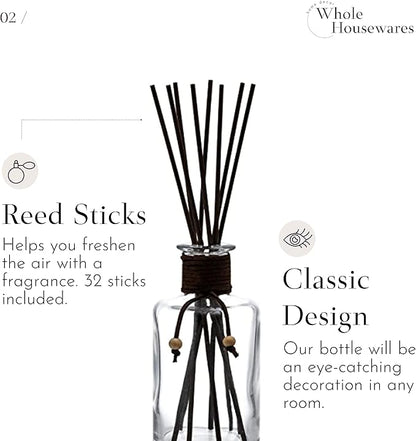 WHOLE HOUSEWARES Set of 4 Diffuser Bottles with Sticks - 7.5oz Empty Glass Diffuser Bottle for Essential Oils - Oil Diffusers Container with 32pcs Reed Sticks for Aromatherapy and Home Fragrance