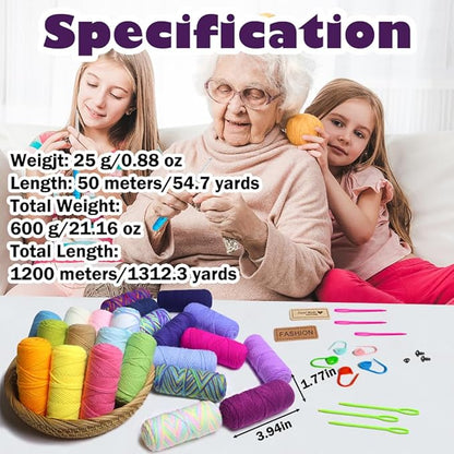 Lewhoo Crochet Kits for Beginner, 1312 Yards Acrylic Yarn Kit for Knitting and Crocheting, 25g×24 Yarn Bundles with Accessories