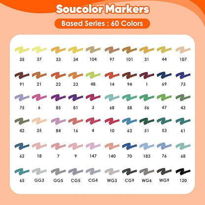 Soucolor Alcohol Markers Set, 60 Colors Dual Tip Art Alcohol Markers for Adults Coloring Drawing Sketching Book Painting Card Making Illustration
