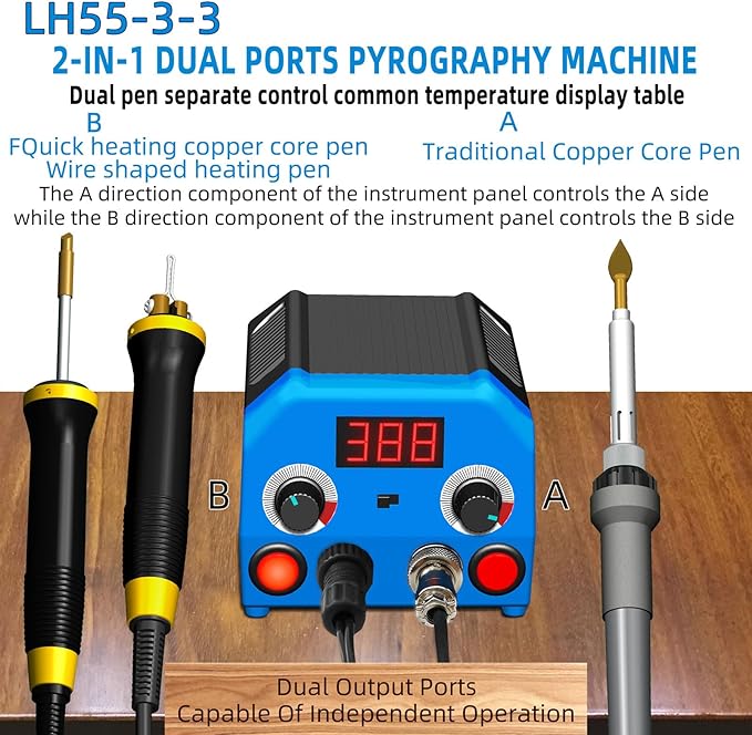 FIRElood LH55-3-3 Wood Burner kit Wood Burning Tool Pen 200~750℃, Wood Burning kit with Digital Thermometer Temperature Adjustable Temperature 3 pyrographic Wood Burning pens 37 Wood Burning Pen Tips