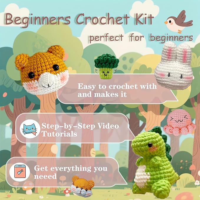 DOOOYU 6PCS Crochet Kit for Beginners Crochet Animals Knitting Kit Supplies Learn to Crochet Beginner Set Kit with Crochet Hooks, Yarn, Step-by-Step Instructions Video