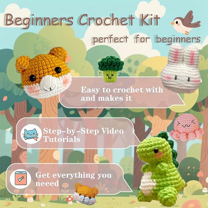 DOOOYU 6PCS Crochet Kit for Beginners Crochet Animals Knitting Kit Supplies Learn to Crochet Beginner Set Kit with Crochet Hooks, Yarn, Step-by-Step Instructions Video