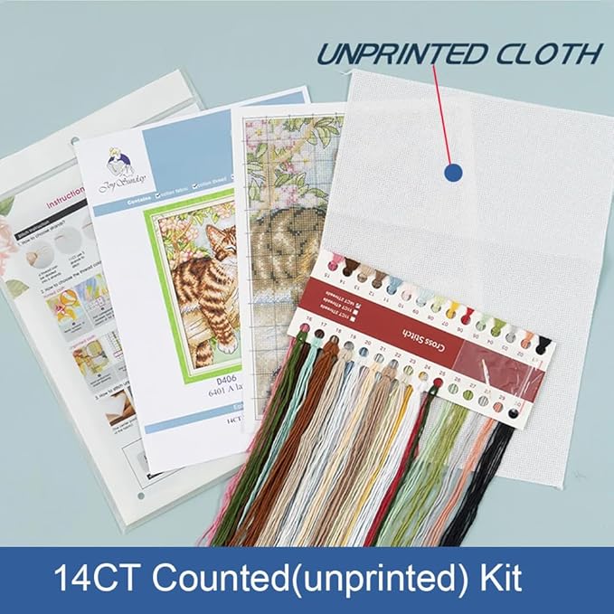 Funcrostitch Counted Cross Stitch Kits for Beginners,14ct Unprinted Pattern Embroidery Kit Dmc Cotton Threads Needleworks for Adults-Cat in Flower 11.8"×13.8"