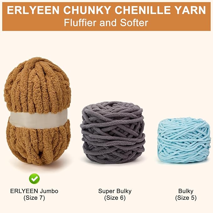 ERLYEEN Chenille Chunky Yarn Super Bulky Soft Thick Fluffy Jumbo Giant Washable Polyester Big Yarn DIY for Arm Knit Blanket Cushion Bed Sofa Home Decor, Khaki 1.1LB