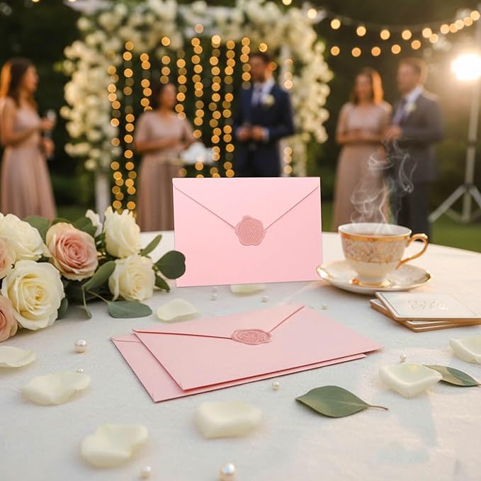 20 Pack Pink Envelopes 5x7 for Invitation, A7 Invitation Envelope with Wax Seal Sticker for Birthday, Weddings, Graduations, Greeting Cards, Baby Shower Invite