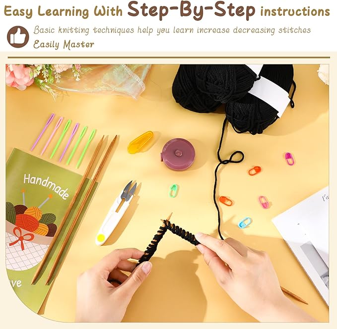 GliCraft Knitting Kit for Beginners Learn to Knit Kit for Adults Gloves Starter Bundle with Step-by-Step Instructions Includes Wool Yarn, Needles & Accessories(Black)