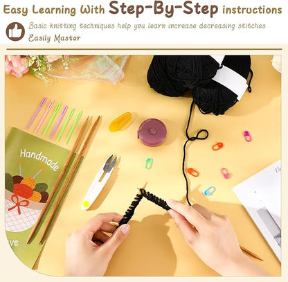 GliCraft Knitting Kit for Beginners Learn to Knit Kit for Adults Gloves Starter Bundle with Step-by-Step Instructions Includes Wool Yarn, Needles & Accessories(Black)