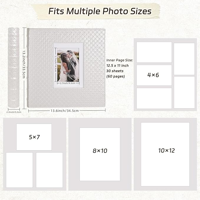 RECUTMS 60 Pages DIY Scrap book Photo Album 4x6 5x7 8x10 Pictures PU Leather Cover Wedding Self Adhesive Photo Album Baby Picture Book Family Pictures of Any Size Scrapbook Album(White)
