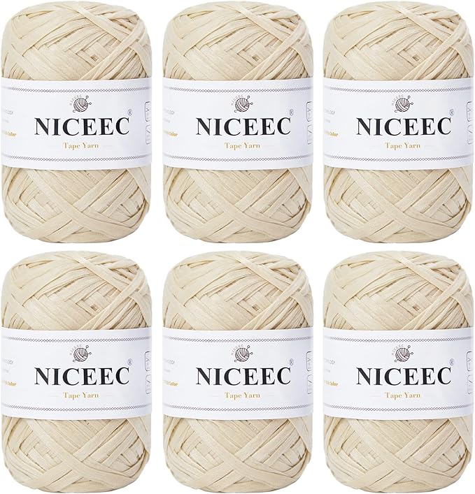 NICEEC 6 Skeins Soft Tape Yarn, Easy Crohcet Raffia, Crochet & Knitting, Paper Ribbon Yarn for DIY Craft Gift Wrapping Total Length 1.76oz×6/109yds×6 - Off-White