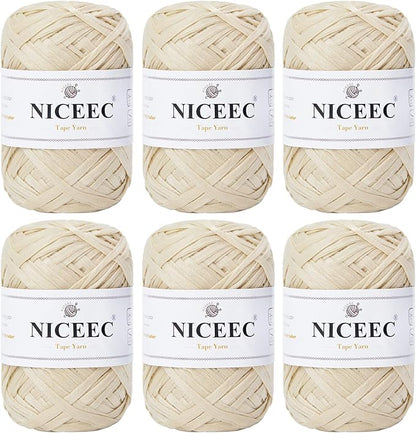 NICEEC 6 Skeins Soft Tape Yarn, Easy Crohcet Raffia, Crochet & Knitting, Paper Ribbon Yarn for DIY Craft Gift Wrapping Total Length 1.76oz×6/109yds×6 - Off-White