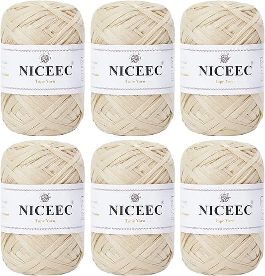 NICEEC 6 Skeins Soft Tape Yarn, Easy Crohcet Raffia, Crochet & Knitting, Paper Ribbon Yarn for DIY Craft Gift Wrapping Total Length 1.76oz×6/109yds×6 - Off-White
