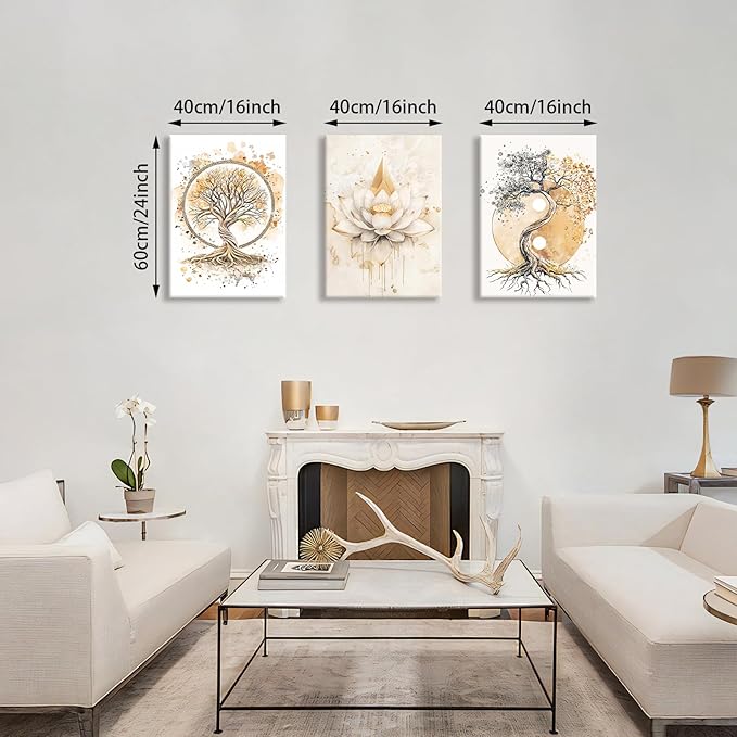 WENGTIAO 3Pcs Tree of Life Canvas Wall Art Prints Zen Lotus Pictures Posters Beige Yin Yang Fall Art Paintings Spiritual Meditation Artwork for Living Room Bedroom Spa Office Home Decor 16x24x3Pcs