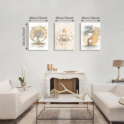 WENGTIAO 3Pcs Tree of Life Canvas Wall Art Prints Zen Lotus Pictures Posters Beige Yin Yang Fall Art Paintings Spiritual Meditation Artwork for Living Room Bedroom Spa Office Home Decor 16x24x3Pcs