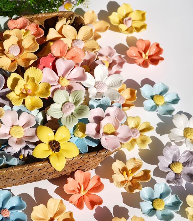 Lanyani 20 Glazed Ceramic Flower for Glass Mosaic Craft, Multicolored Dimensional Blossom Floral Mosaic Tiles Pieces for DIY and Decorations