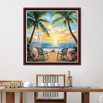 Dimensean Stamped Cross Stitch Kits Full Range of Embroidery Patterns Starter Kits for Beginners Adult DIY Cross Stitches Needlepoint Kits 11CT-Afternoon Tea by The Sea 18x18 inch