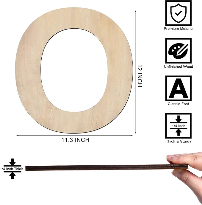 12 Inch Wooden Letter O, 1/4 Inch Thick Large Unfinished Wood Letter for Home Wall Decor, DIY Crafts