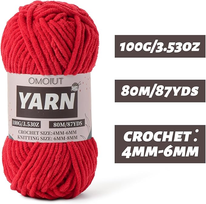 Fluffy Chenille Yarn for Crocheting - Baby Yarn for Crocheting Soft Blanket - 3 Pack of 100g/(87.4yds) Crochet Amigurumi Chunky Yarns - Super Bulky 5 Velvet Yarns (3 red)
