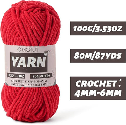 Fluffy Chenille Yarn for Crocheting - Baby Yarn for Crocheting Soft Blanket - 3 Pack of 100g/(87.4yds) Crochet Amigurumi Chunky Yarns - Super Bulky 5 Velvet Yarns (3 red)