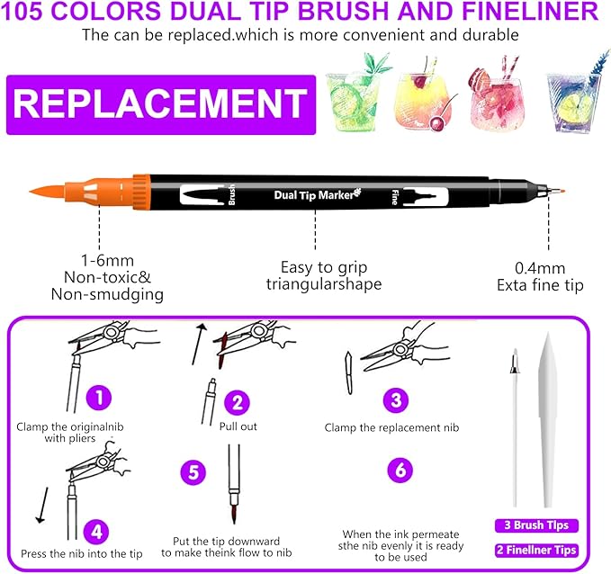 Oficrafted Brush Pens, 105 Colors Dual Tip Markers for Adult Coloring Books, Note Taking and Lettering