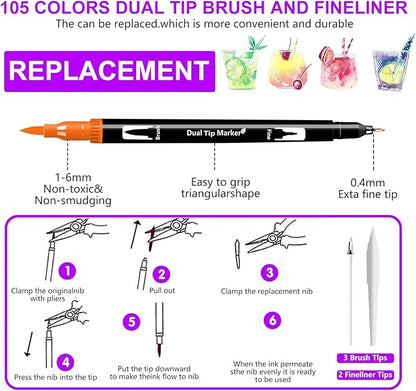 Oficrafted Brush Pens, 105 Colors Dual Tip Markers for Adult Coloring Books, Note Taking and Lettering