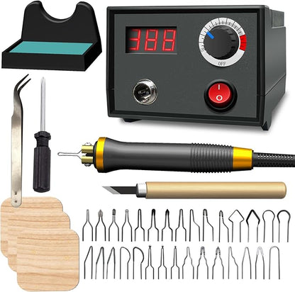 FIRElood LH30-1 wood burning tool,wood burning kit pen 25~750℃,professional wood burning kit,with digital thermometer temperature adjustable temperature,1 wood burning pens, 30 pen tips(LH30-1A pen)