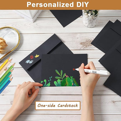 100 Packs Black Blank Cards and Envelopes 4.25 x 5.5 Heavyweight Single Panel Cardstock and A2 Envelopes Printable Self Seal for DIY Greeting Cards, Wedding Invitations, Graduations