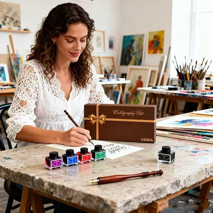 ASXMA Calligraphy Pen Set – Includes Wooden Dip Pen, Antique Brass Holder, 11 Nibs, 4 Colors Ink Bottles and Beginner's Manual-for Beginners and Calligraphy Lovers
